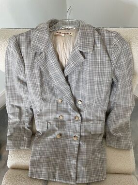 Free People Beige and Gray Plaid Double-Breasted Blazer
